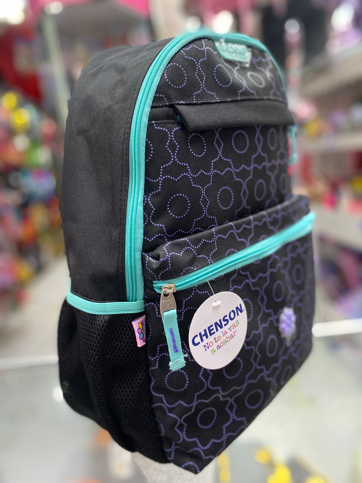 Mochila primaria flores negra chenson