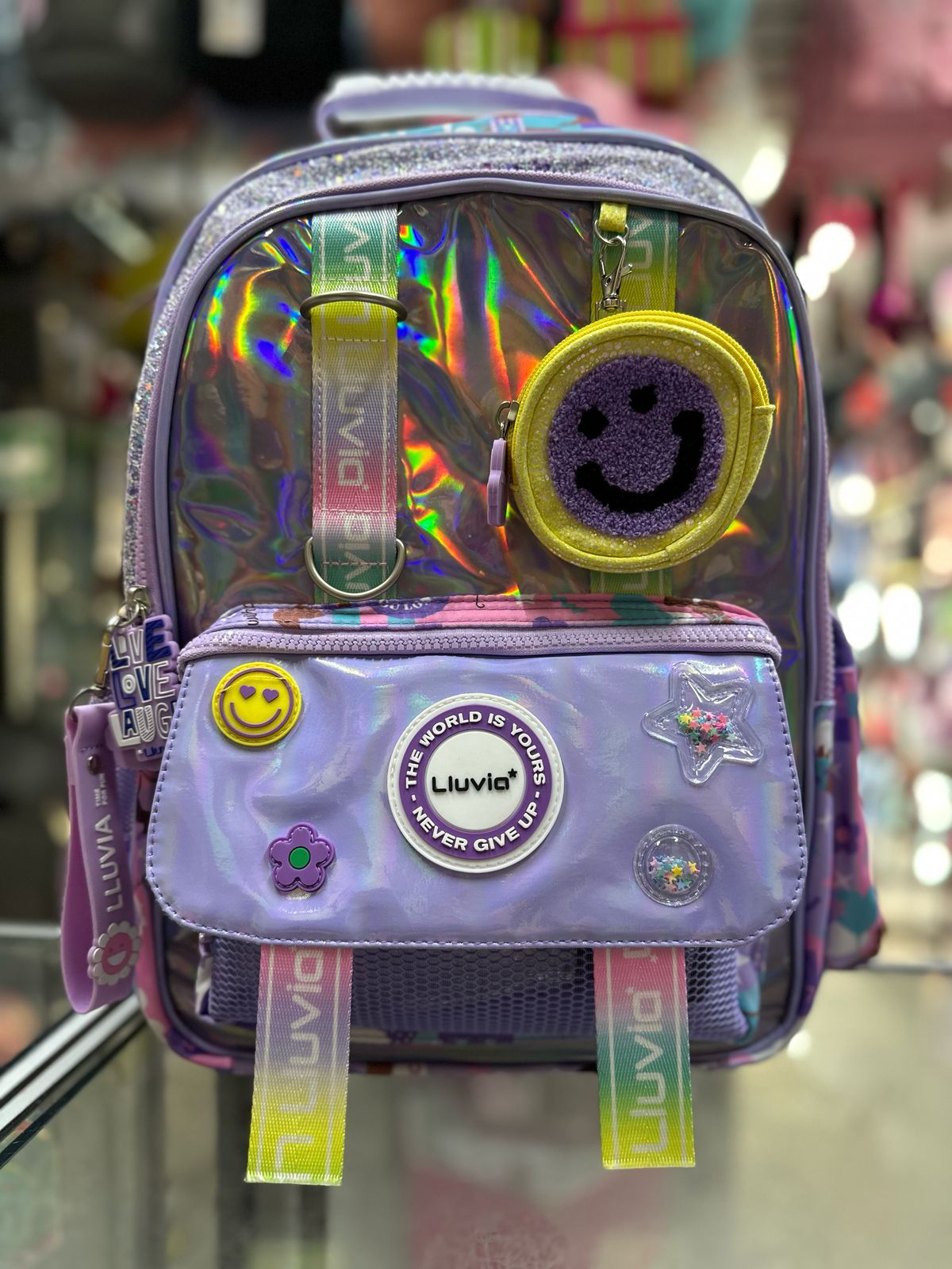 Mochila primaria stickers tornasol Lila lluvia