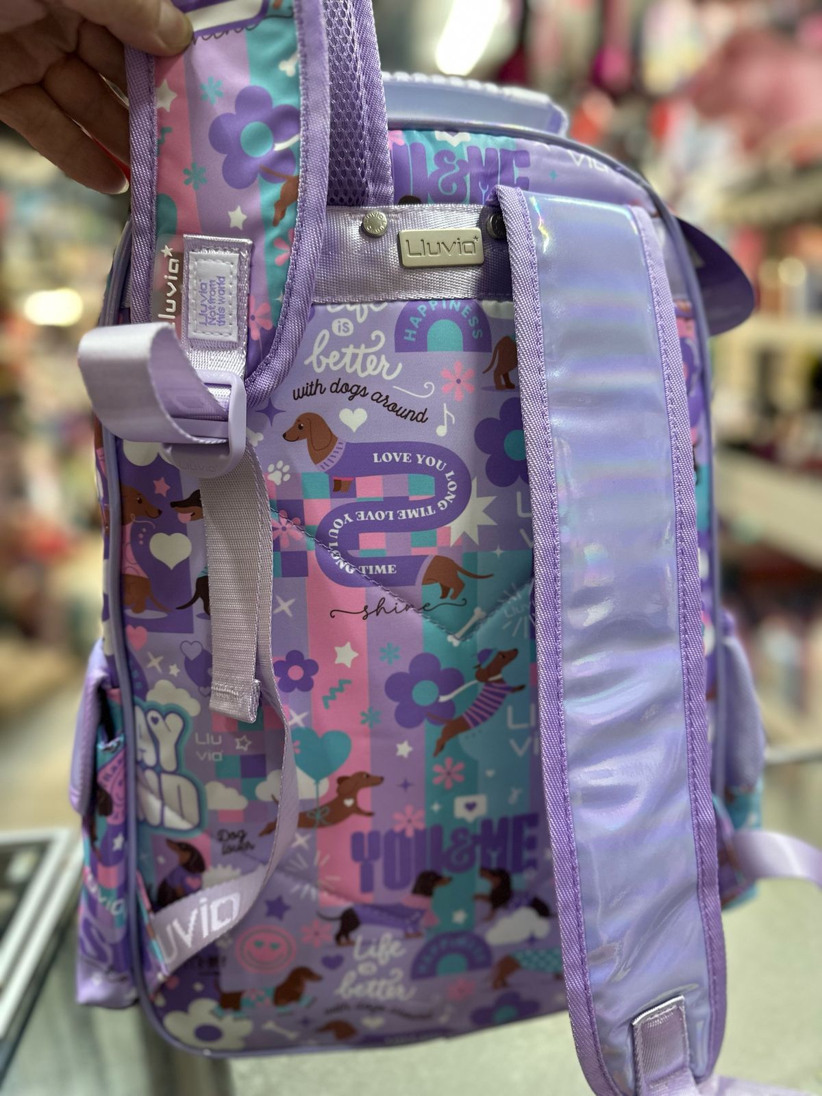 Mochila primaria stickers tornasol Lila lluvia
