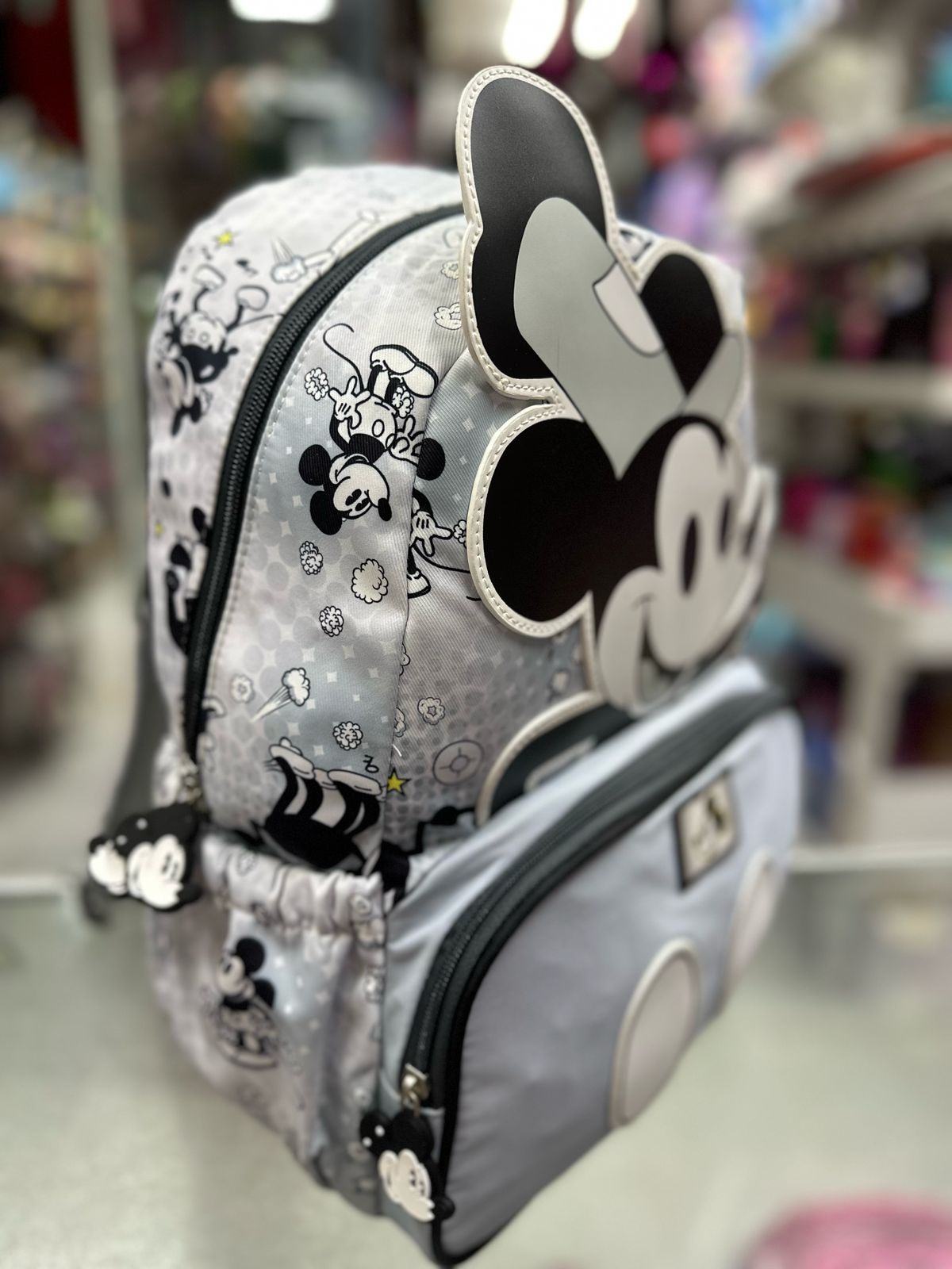 Mochila primaria Mickey retro gris lluvia
