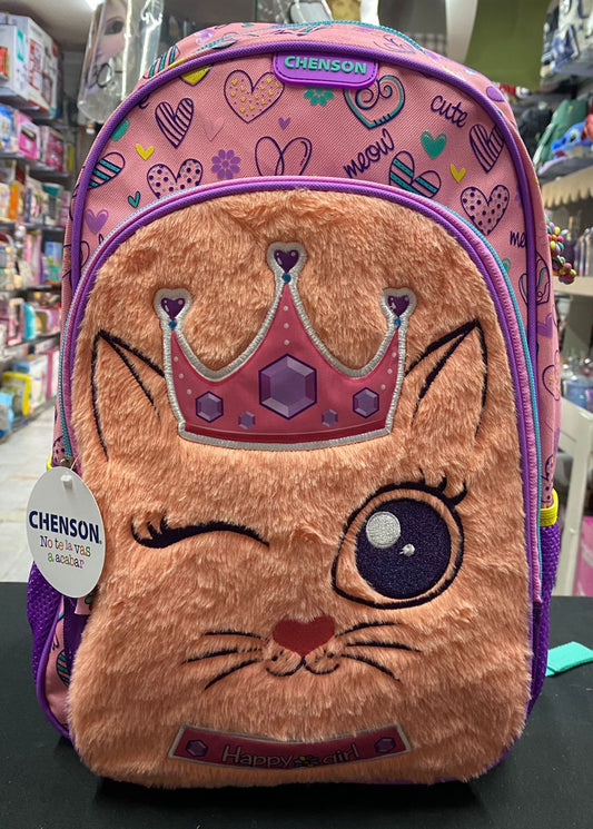 Mochila primaria gato peluche corona Chenson